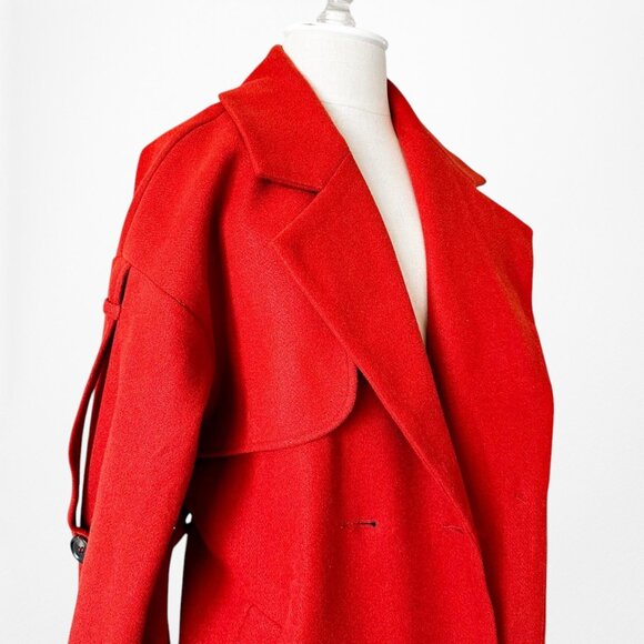 Red Oversized Belted Trench Coat Peacoat Style Long Jacket Size XS/S/M - Picture 7 of 10